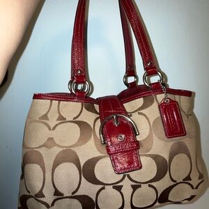 Coach Red and Tan Signature Shoulder Bag